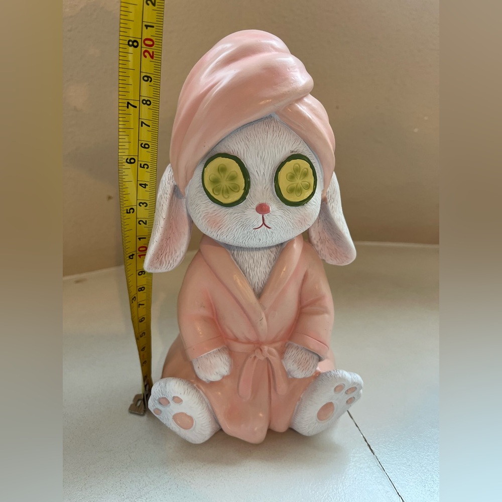 Cute Spa Easter Bunny Figurine in Pink Robe Cucumber Eyes
